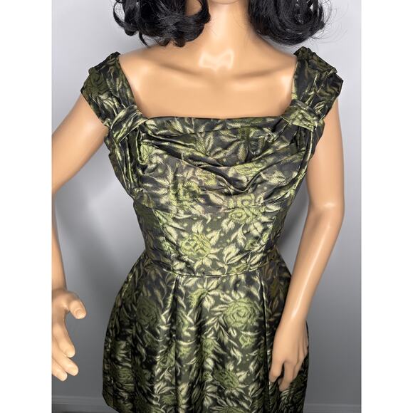 Vintage 1950s Olive Gold Brocade Cocktail Dress with Boned Bodice XS - Picture 7 of 17